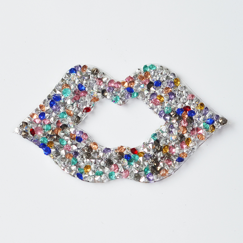 3D lips design colorful hotfix rhinestone back adhesive patches applique for garment
