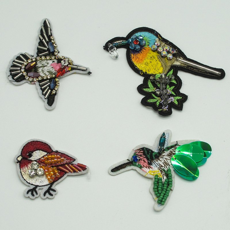 Custom applique bird pattern design 3D pearl embroidery bead sequin fabric sew on patch for jacket