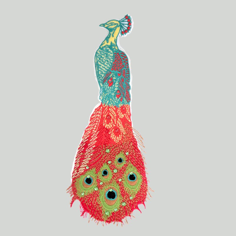 Custom peacock design patches with rhinestone heat transfer for garment decoration