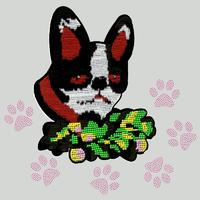 Custom applique heat transfer dog pattern embroidery patch with rhinestones for t-shirt