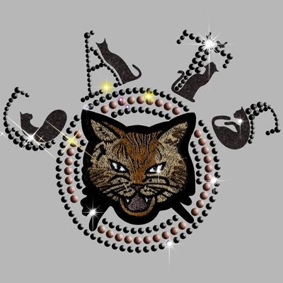 Custom rhinestones heat transfer cat pattern iron on embroidery patch with rhinestuds for t-shirt