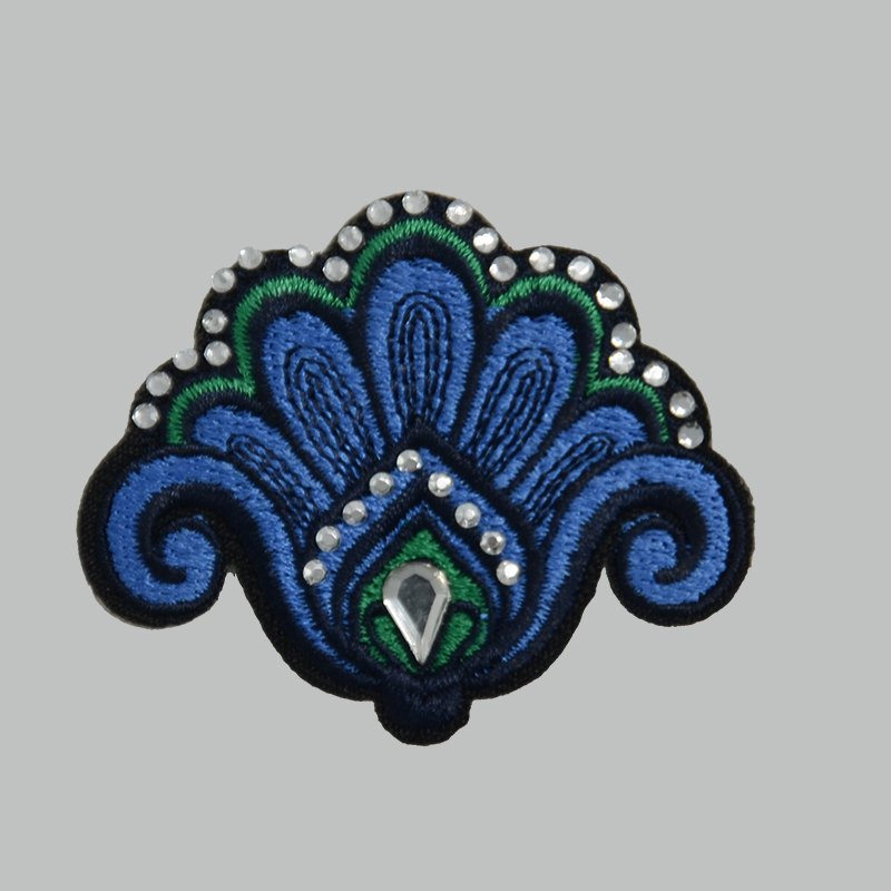 Custom iron on ink-blue color flower embroidered patches with rhinestones applique for clothing