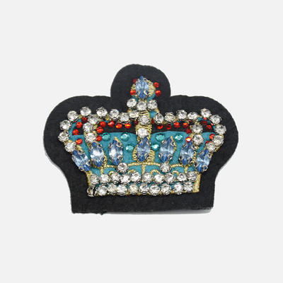 Wholesale custom applique imperial crown rhinestone flock embroidery bead patch designs