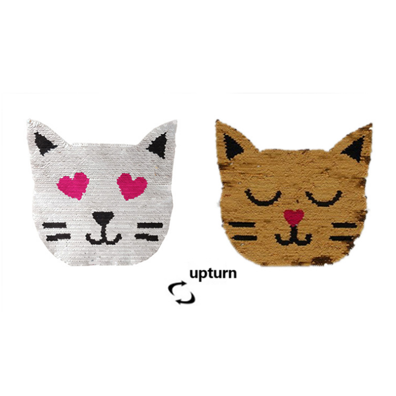 Custom t-shirt designs animal cat head pattern sew on double-sided flip color reversible sequin bead embroidery patch for cloth