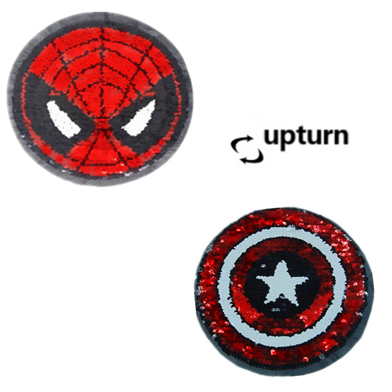Custom patches spider-man and captain america shield changing pattern reversible surface sequin bead embroidery sew on clothing