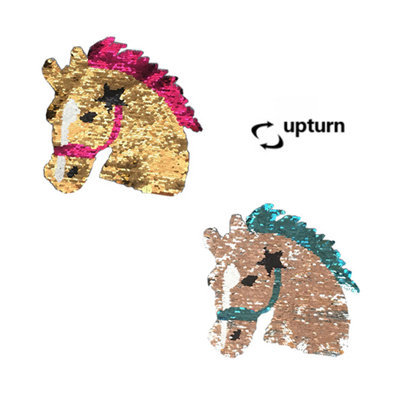 Custom factory directly sale two sides reversible sequin embroidery designs animal horse head pattern bead patches on clothing