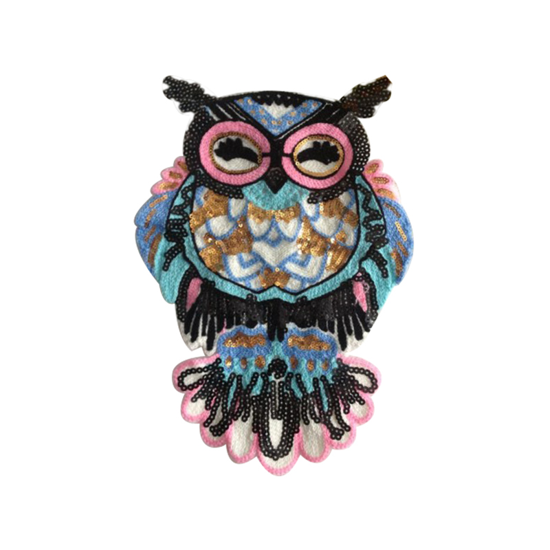 Custom t-shirt sew on patch designs colorful animal owl pattern sequin bead embroidery