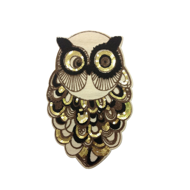 Wholesale custom patch designs animal owl pattern woven applique sequin bead embroidery  for t shirt
