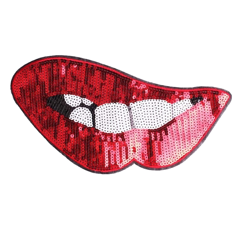 Custom applique craft iron on red mouth sequin embroidery patches for garment