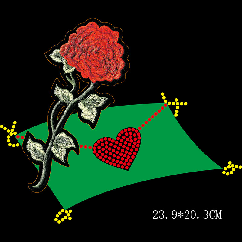 Custom rose flower design rhinestone transfer combined with embroidered applique